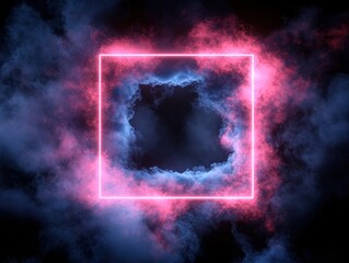 Vibrant Neon Square Framed by Glowing Colorful Smoke in a Dark Background for Abstract and Futuristic Concepts