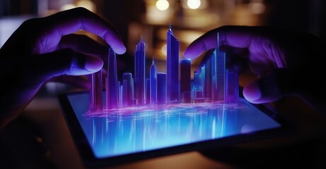 Futuristic cityscape interface with hands interacting on a digital tablet, displaying a holographic urban design. Digital transformation.