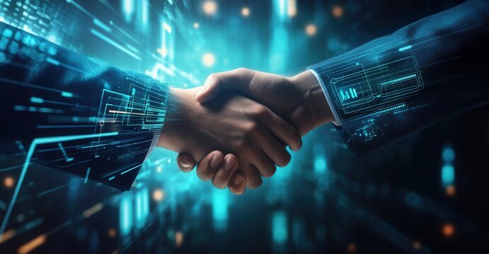 A futuristic handshake embodies a modern business deal, enhanced with digital overlays suggesting technology and innovation.