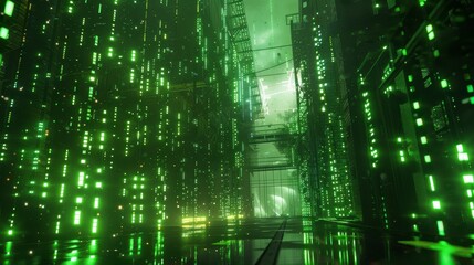 Glowing Green Digital Cityscape at Night