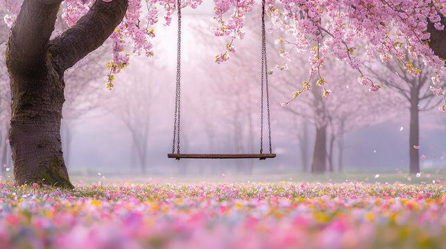 Photography: There is a swing in the cherry blossom grove, hanging from the tree. There is nothing on the swing, facing the camera from the front. 