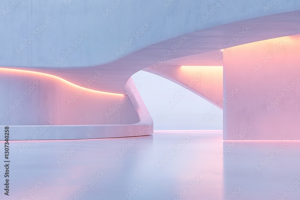 Poster hyper-modern luxury concrete structures feature smooth curves illuminated by pastel light beams, cre