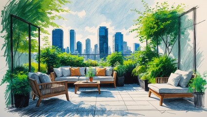 Obraz premium Sketch of rooftop garden with wooden furniture, plants, and cityscape. Sofas and chairs sit on a tiled floor surrounded by green plants under a sunny sky.