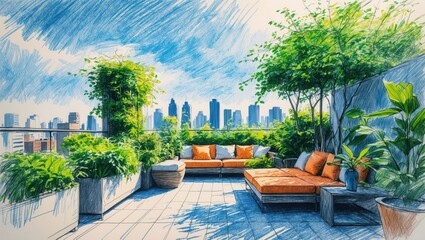 Sketch of rooftop terrace with sofa and plants overlooking cityscape on sunny day. Blue scribbled sky above urban scene with green lush vegetation in pots.