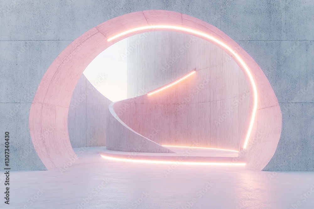 Poster soft pastel light beams illuminate a hyper-modern concrete environment featuring rounded brutalist s