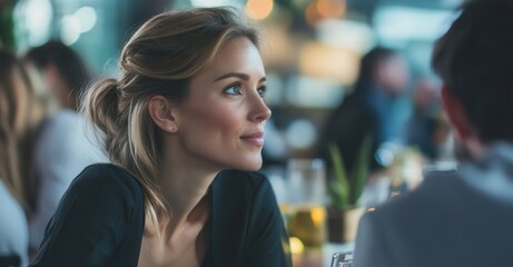 Contemplative woman in conversation, looks thoughtfully to the side. Soft, focused light creates a serene, intimate dining atmosphere.