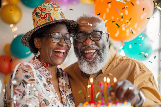 Portrait of a joyful afro-american couple in their 60s celebrating birthday