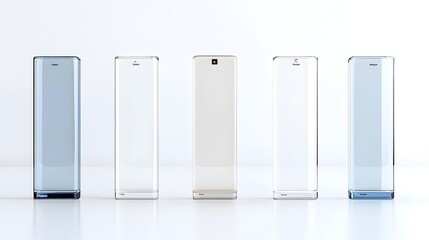 A set of five ascending transparent 3D glass bars in a blue gradient arranged in a clean and minimalist composition on a smooth white background with reflections