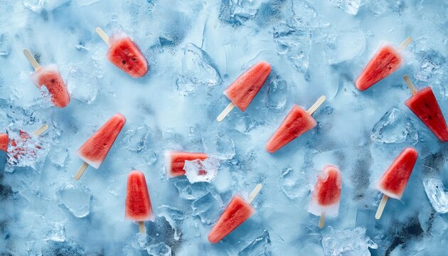Watermelon popsicles chilling on ice, delivering sweet relief from summer heat with vibrant, frosty refreshment