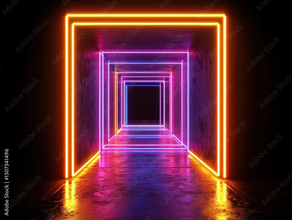 Poster vibrant neon tunnel with glowing lights and reflections creating a futuristic atmosphere in a dark e