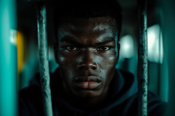 A Captivating Portrait: A Man's Intense Gaze from Behind Prison Bars