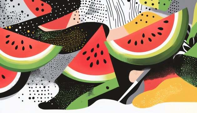 Watermelon slices creating geometric pattern, radiating summery freshness through vivid colors and dynamic abstract composition
