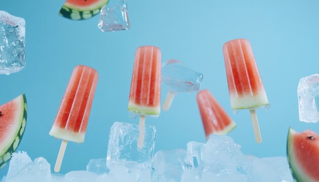 Watermelon popsicles dropping with ice cubes against pastel blue, embodying cool summer refreshment and crisp frozen dessert vibrancy