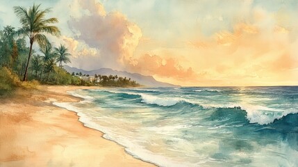 Serene beach scene with vibrant sunset colors.