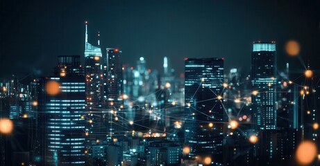 Obraz premium Urban Connectivity: Night cityscape of illuminated skyscrapers interconnected by network lines, representing modern digital communication.
