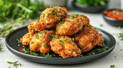 Crispy fried chicken pieces on a black plate, garnished with parsley.