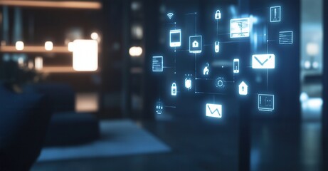 Smart home interface shows integrated devices and systems like security, lighting, communication, and entertainment in a modern living space.