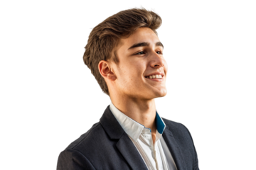 Portrait of a handsome young businessman looking up and smiling, isolated on transparent background