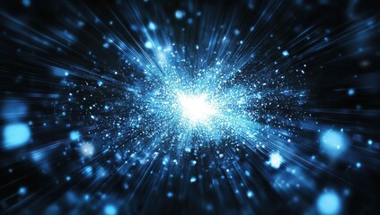 Abstract black background with white and blue shapes, 3D explosion effect, broken glass fragments