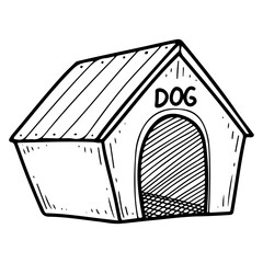 Outdoor dog house. Hand drawn doodle. Wooden building for an animal. Shelter from bad weather for a pet. Vector line art illustration.