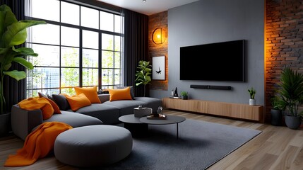 Cozy and sophisticated contemporary media room with warm brick interior design plush sofas and inviting cinematic atmosphere for comfortable home entertainment and relaxation