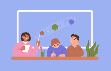 Teacher explaining solar system to students