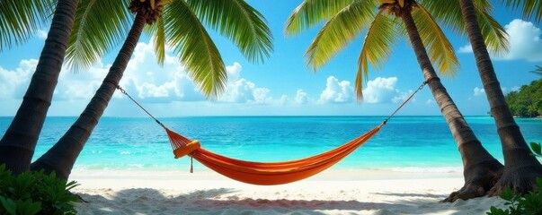 Naklejka premium Relaxing hammock sways gently between palm trees, ocean breeze , calm, ocean view