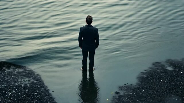 Man standing in calm water at sunset, reflecting on life and nature, near a tranquil shoreline