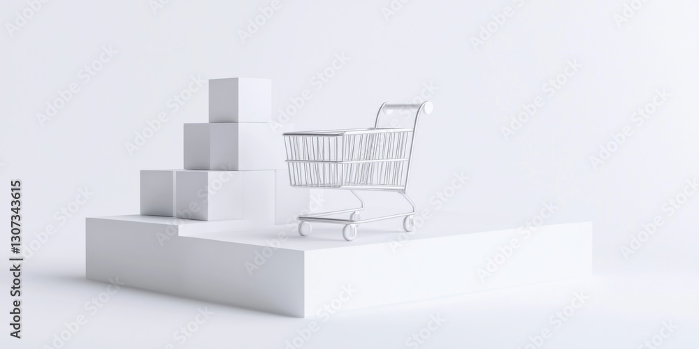 Poster a minimalist scene featuring a shopping cart beside stacked boxes on a white platform, emphasizing s