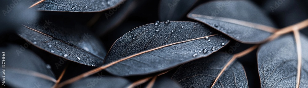 Poster rich black backdrop features delicate chrome-tinted leaves that reflect ambient light, creating a so