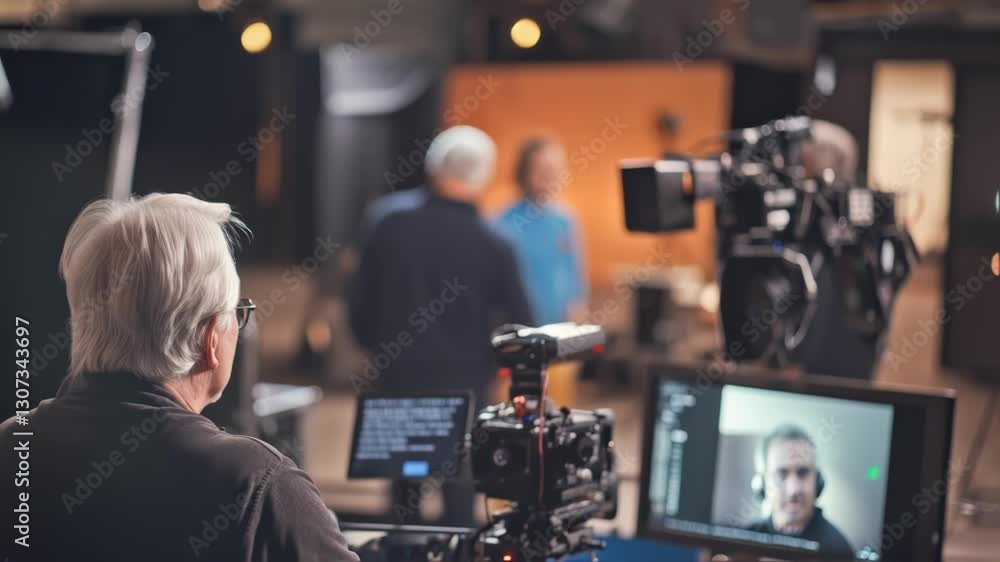 Aufkleber professional film director overseeing multi camera setup, monitoring actors' performance while orche