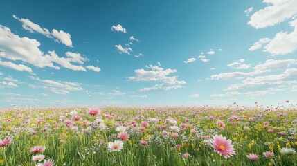 Obraz premium Vast Panoramic View of Blooming Flowers Under a Bright Blue Sky with Wispy Clouds and Vibrant Colors in a Field