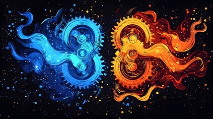 depicting interconnected gears in contrasting warm and cool colors symbolizing the complex dynamics of mental health and bipolar awareness