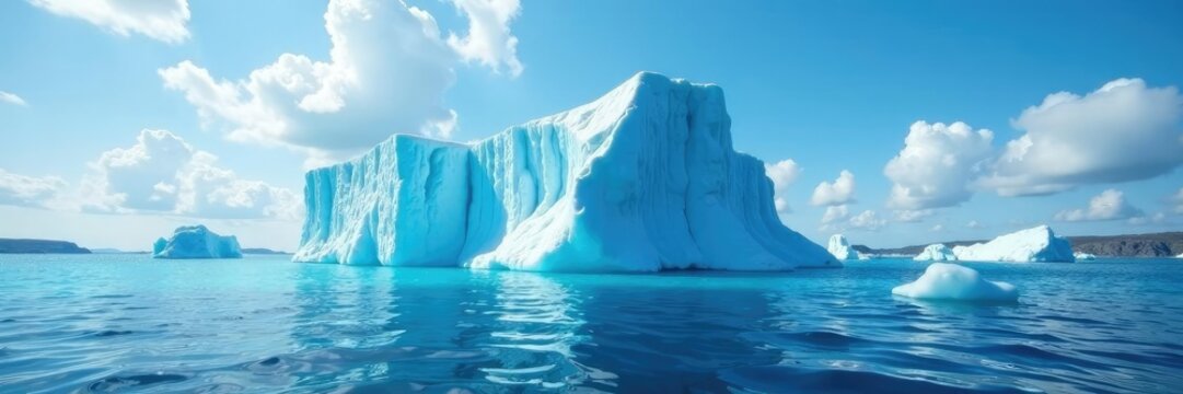 Grande iceberg flotando frente al cielo azul claro, agua, sol