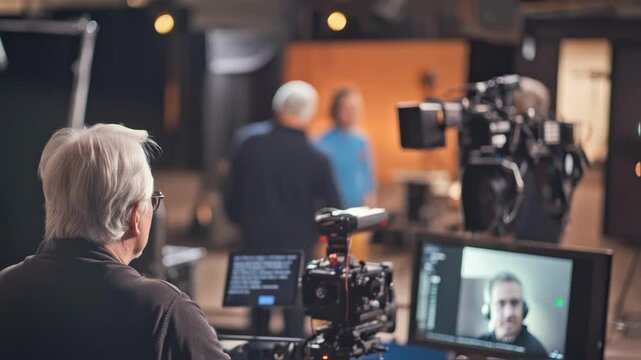 Professional film director overseeing multi camera setup, monitoring actors' performance while orchestrating complex scene in high end studio production environment