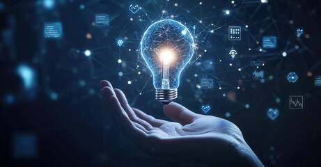 A hand holds a glowing lightbulb encircled by a constellation of data points. Represents innovation and the future of digital connectivity.