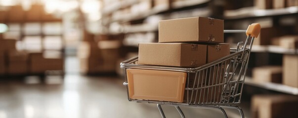 A shopping cart filled with cardboard boxes in a warehouse setting, emphasizing e-commerce and inventory management.
