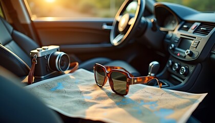 Cozy car interior with road trip essentials: map, sunglasses, and camera