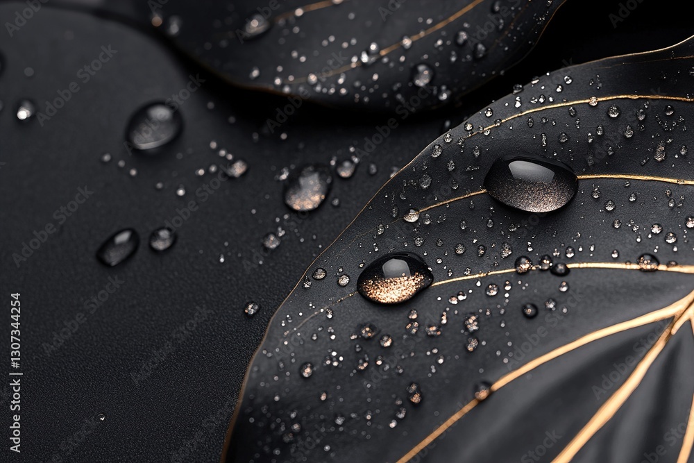 Poster glossy wet leaves rest on a dark background, adorned with sparkling chrome dewdrops. soft lighting c