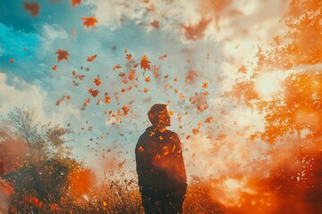 Obraz premium Silhouetted person amidst falling autumn leaves, vibrant sunset sky.