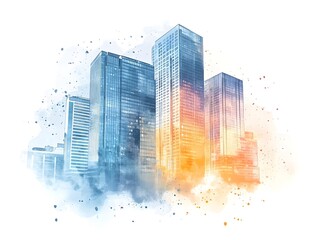 Obraz premium Watercolor Illustration of Modern City Office Buildings in Golden Ratio Composition