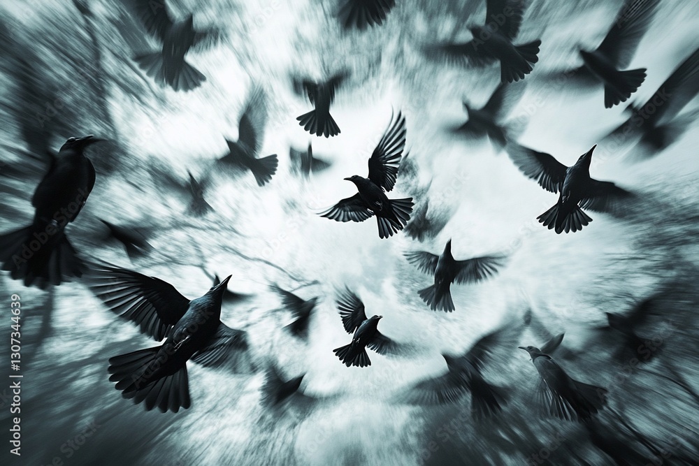 Poster a flock of dark birds in motion against a blurred sky, creating a dynamic and somewhat ominous image