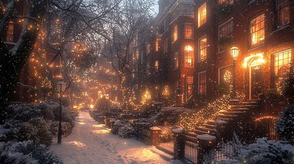 Fototapeta premium Snowy Christmas lights on a New York street scene