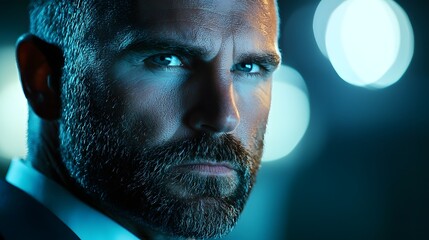 A close up portrait of a serious thoughtful man with a beard displaying a confident and determined expression as he gazes into the distance symbolizing vision leadership and ambition
