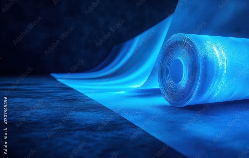 Poster abstract blue glow aesthetic with illuminated translucent film roll on textured background in dark s