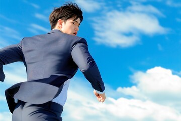 後ろを振り返り走るスーツ姿の男性ビジネスマン