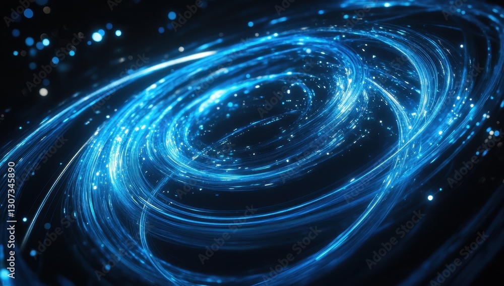 Poster abstract blue swirling light pattern with bright particles in a dark background for creative and dig