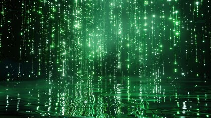 Green Sparkling Particles Falling on Reflective Surface