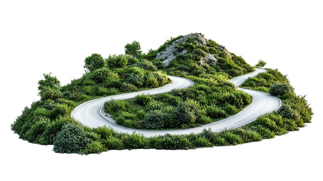 PNG winding mountain road with lush green landscape isolated on white background in scenic nature design