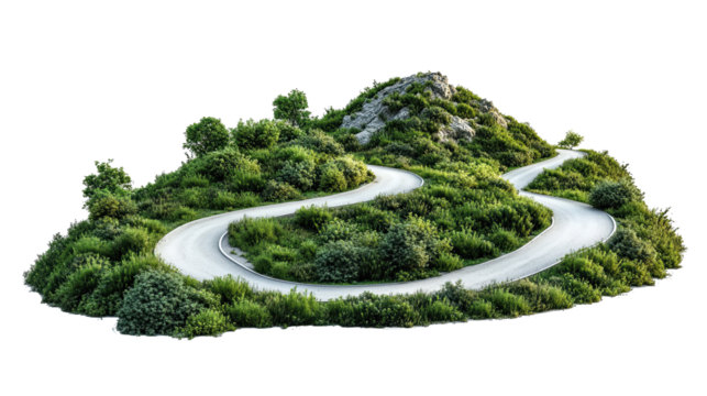 PNG winding mountain road with lush green landscape isolated on white background in scenic nature design